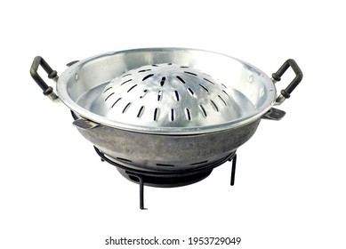 Empty Metallic BBQ Pan Set On Charcoal Stove. Thai Buffet Food With Pork And Meats, Cooked On The Brass Barbecue Pan. Hot Pot Korean In Japan Yakiniku BBQ Barbecue Style. Isolated On White Background