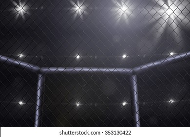 Empty mma arena side view under lights. Blurred.