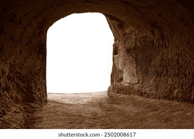 Empty mock up cave looking out. Darkness inside Mysterious empty interior Cave in Caucasian Mountain. Big empty cave with cut out entrance. Arch tunnel entrance natural rock cave on background. mockup - Powered by Shutterstock