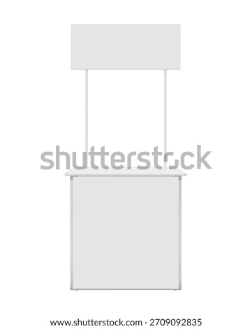 Empty Mock up Prefabricated table or counter with horizontal sign for displaying products and services outside the venue, blank promotional stand with a counter and header panel isolated on white background, Ideal for showcasing branding, logo placement, event design, advertising