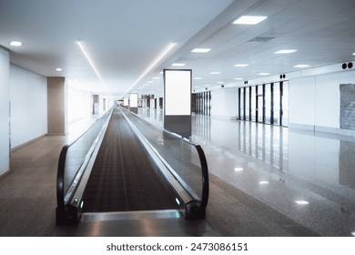 Empty modern airport terminal with a moving walkway (travelator) and blank billboards mock-up ready for advertisements. The clean, modern space features bright lighting and reflective flooring - Powered by Shutterstock