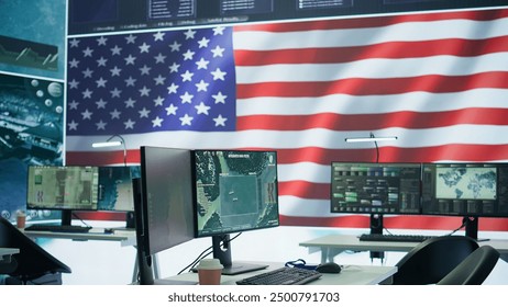 Empty modern base of operations used by the US military armed forces, safeguarding state secrets and ensuring security protocols. High tech surveillance gear used for intelligence. Camera B.