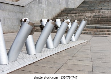 Empty Modern Bycicle Parking Place Near Marble Steps.