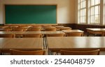 Empty modern classroom with chairs, desks and chalkboard.