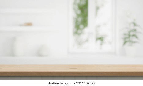 Empty modern coffee kitchen table countertop platform and blurry soft light window and cozy home interior background for product and biseness presentations. place for design and productoin placement. - Powered by Shutterstock