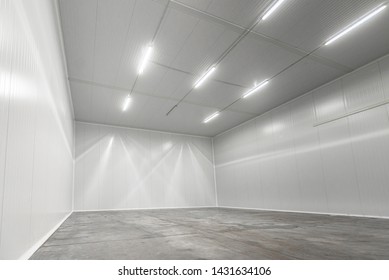 Empty Modern Cold Room At Organic Food Factory Production And Distribution Center.