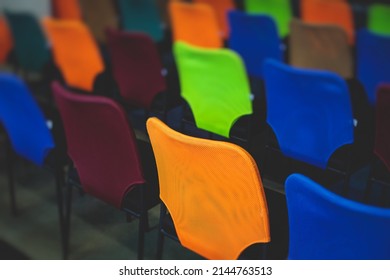 Empty Modern Conference Hall, Venue For Congress Lecture, With A Line Row Of Chairs, Auditorium Before The Convention Event, Interior Of A Place For Presentation With A Lot Of Seats And No People