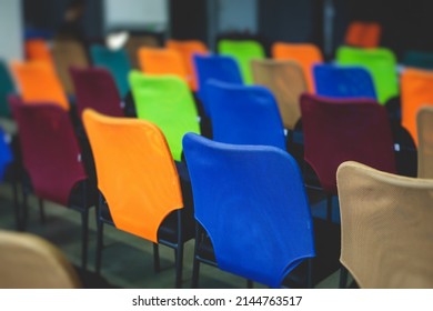 Empty Modern Conference Hall, Venue For Congress Lecture, With A Line Row Of Chairs, Auditorium Before The Convention Event, Interior Of A Place For Presentation With A Lot Of Seats And No People