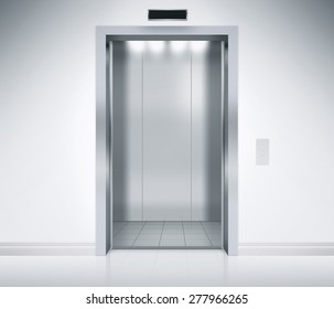 An empty modern elevator or lift with metal doors that are open in building with lighting.