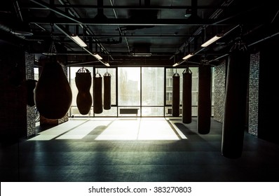 Empty modern fight club with punching bags of different shapes for practicing martial arts
