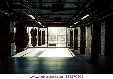 Empty modern fight club with punching bags of different shapes for practicing martial arts