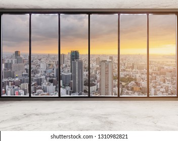 Empty Modern Interior Space With Skyscraper City View In Sunset, Empty Business Office Interior