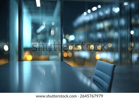 Empty modern office interior with large windows and a blurred city view. Natural light creates shadows, showcasing spaciousness and business potential. Ideal for backgrounds or copy space.