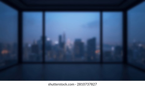 Empty modern office space with large windows overlooking a blurred cityscape at twilight, showcasing urban development and city lights.