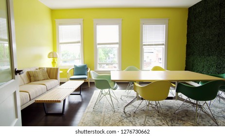 empty modern study space for students with yellow and green interior color, School or university public beautiful colorful classroom concept. - Shutterstock ID 1276730662
