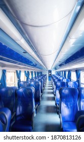 Empty Modern Train Interior With Blue Leather Seats