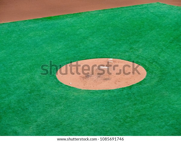 Empty pitcher’s mound of a baseball diamond\
awaiting pitcher