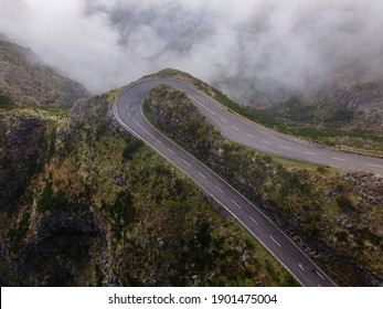 Empty mountain road above the clouds in Madeira Island, Portugal