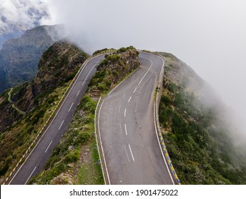 Empty mountain road above the clouds in Madeira Island, Portugal