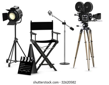 Empty movie set with vintage movie gear on a white background