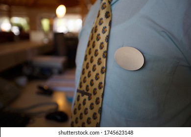 Empty Name Tag Badge On The Shirt Uniform.Close-up Of Blank Name Tag On Service Man Uniform