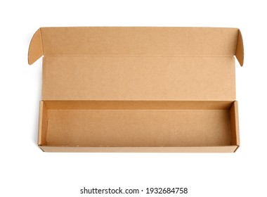 Empty Narrow Rectangular Open Cardboard Box Isolated On White Background, Top View