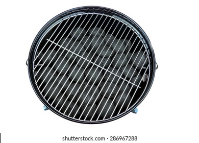 Empty New Clean BBQ Kettle Grill With Charcoal Briquettes In The Pit Isolated On White Background Overhead View