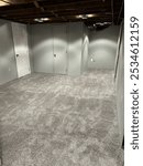 An empty newly carpeted basement room with gray walls and an exposed wooden ceiling, awaiting furniture or further decoration.