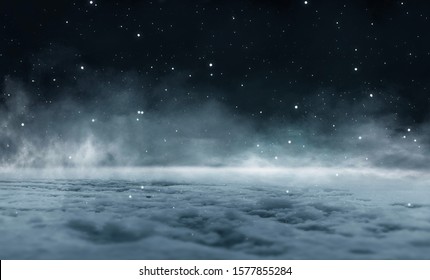 Empty night nature scene. The night starry sky, the rays of the blue neon spotlight. Snowy winter night background. - Shutterstock ID 1577855284