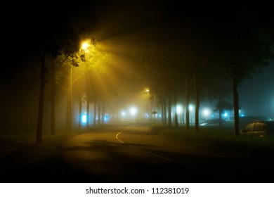 Empty Night Road In A Fog In Holland