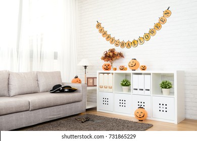 Empty No People Living Room With Halloween Decoration For Background Copy Space
