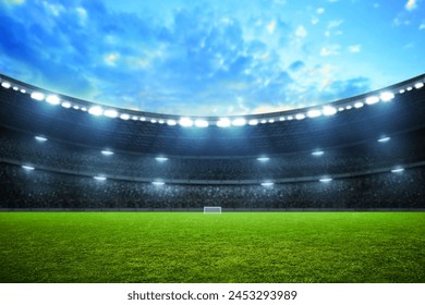 Empty nobody soccer stadium field with blue sky, soccer background  - Powered by Shutterstock