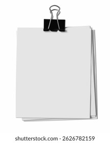 Empty note paper mockup isolated on white background, Message reminder card template, White square paper with black copper binder clip, Business office stationery object