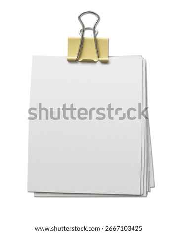 Empty note paper mockup isolated on white background, Message reminder card template, White square paper with black copper binder clip, Business office stationery object