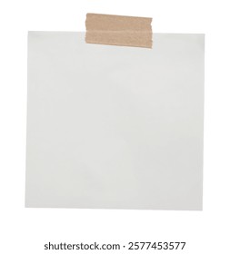 Empty note paper mockup. Message reminder card template isolated on transparent background. White paper texture. Grunge ripped brown adhesive washi tape. Business office stationery object