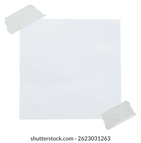 Empty note paper mockup. Message reminder card template isolated on transparent background. White paper texture. Grunge ripped adhesive washi tape, business office stationery object