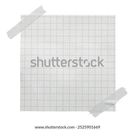 Empty note paper mockup. Message reminder card template isolated on white background. Checkered white paper texture. Grunge ripped adhesive washi tape. Business office stationery object