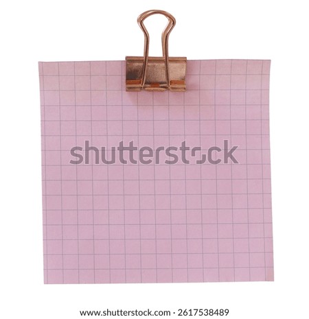 Empty note paper mockup. Message reminder card template isolated on transparent background. Pink square paper texture. Metal copper binder clip. Business office stationery object, copy space.