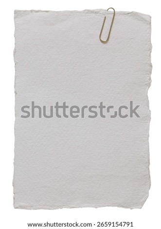 Empty note paper, wedding mockup with golden paper clip. Message reminder A6 card template isolated on transparent background. White grunge ripped cotton paper texture, business stationery object.