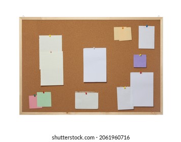 Empty notes pinned to cork board on white background