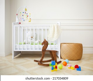 Empty Nursery Room With Basket, Toys And Wooden Horse