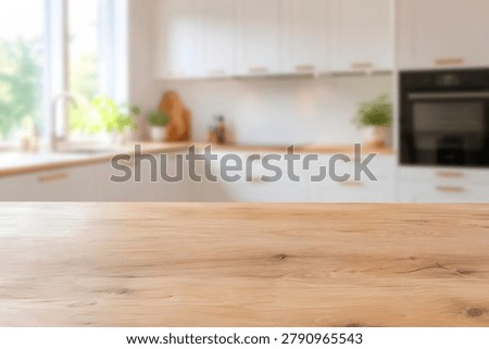 Empty oak tabletop in cozy kitchen, ideal for product display and advertising mockups.