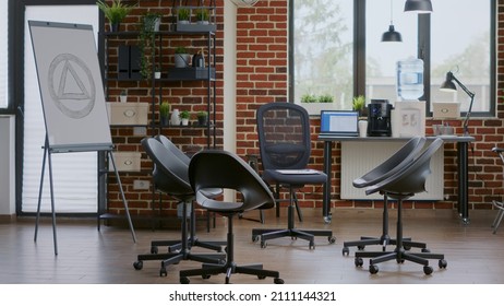 Empty Office With Aa Meeting Sign On White Board And Chairs In Circle. Nobody In Space With Furniture Used For Group Therapy Session And Rehabilitation Program. Concept Of Rehab