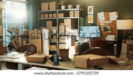 Empty, office and boxes with desk for logistics, supply chain and distribution for small business. Startup, background and workplace with packages on shelves for courier, delivery and inventory