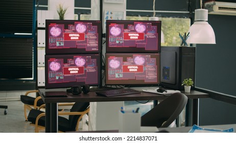 Empty Office With Computer Monitors Displaying System Error And Hacking Attack In It Agency, Showing Security Breach Alert. Screens With Critical Error Message Flashing, Hacked Server.