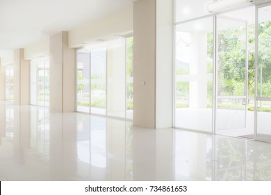 Empty office corridor, lobby and entrance doors with glass curtain wall and light reflection. Modern building interior background, high key processing