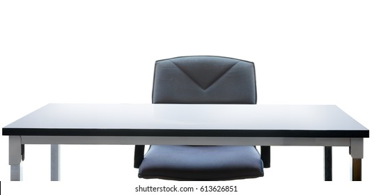 Empty Office Desk Isolated On White Background With Clipping Path