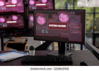 Empty It Office Having Multiple Computers Flashing Hacking Alert And Security Breach, Server System Being Hacked. Pc Displays Showing Critical Error Message And Malware Threat Warning.