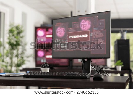 Empty office interior shows multiple monitors with hacked system warnings and security alerts. Technology concept illustrates cybercrime, compromised networks, and digital interface vulnerability.