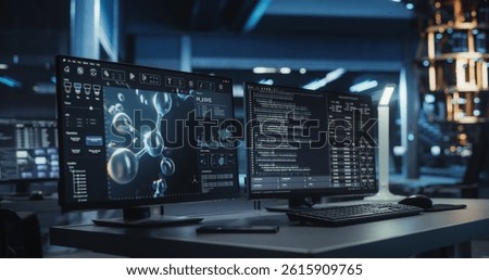 Empty Office with Molecular Modelling Software Working on a Desktop Computer with Two Displays. Left Monitor Showing Biological Models and Right Screen Running a Complex Data and Software Source Code